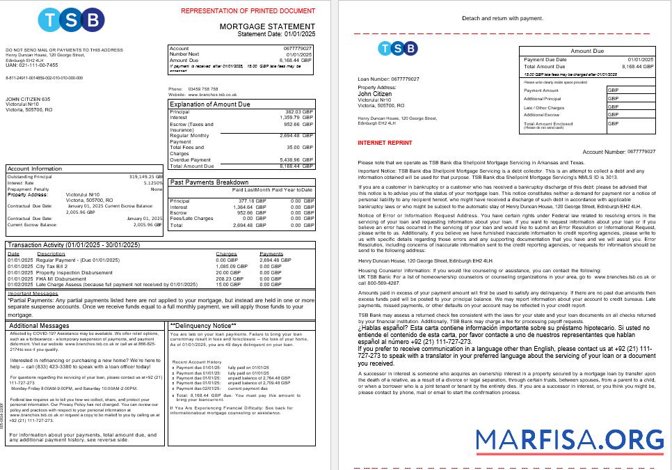 Blank UK TSB Bank mortgage statement in Word and PDF formats, 3 pages 1 2 download for verification